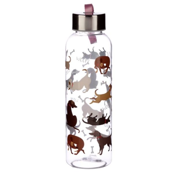 Een super handige waterfles, om mee te nemen naar school, naar het werk of naar de sportschool! Deze fles is transparant met een print van diverse honden in meerdere kleuren en de opdruk Woof! De fles heeft een metalen dop. Gemaakt van kunststof, metaal en nylon. Afmetingen: 6 cm breed en 21 cm hoog. Inhoud fles: 500 ml. De dop is van metaal en de fles wordt geleverd met een nylon riempje.